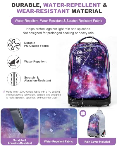NEW TILAMI 19 Inch Rolling Backpack for School Stair-Climbing Big Wheel - color: Purple Starry