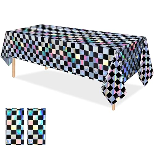 OQOQ Iridescent Checkered Tablecloth 2 Packs, Black & Sliver, 54x108 Inches - color: Black Silver Checkered