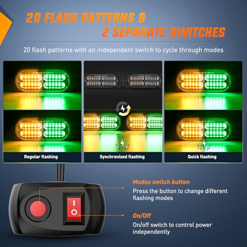 Nilight 4PCS LED Strobe Lights 12V 24V Sync Feature Amber Green - color: Amber Green w/Controller