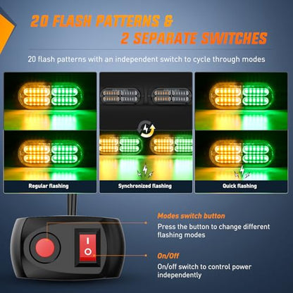 Nilight 4PCS LED Strobe Lights 12V 24V Sync Feature Amber Green - color: Amber Green w/Controller