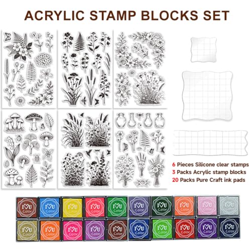 6Pcs Wildflower Clear Stamps for Card Making, 20 Ink Pad - style: 29Pcs Wildflower Clear Stamps