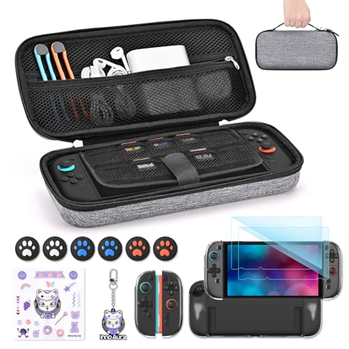 innoAura Switch 2 Case 14-in-1 Bundle for NS Switch 2 (2025), with Carrying Case, Protective Cover, Thumb Grips, Screen Protector, Cute Pendant and Sticker, Gray - color: Gray Set, size: for Switch 2 (2025)