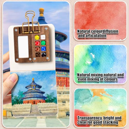 Mini Watercolor Travel Set with 8-Well Wood Palette and Sketchbook - color: Wood 8 Grids
