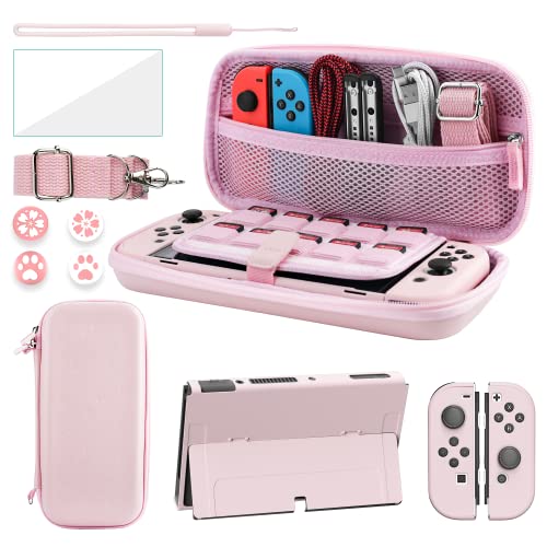 FANPL Case bundle for Nintendo Switch OLED Accessories, Carrying Case for Switch OLED and JoyCon Controller with Hard Flip Protective Case and Screen protector, 4 Thumb Grips, Shoulder Strap (Pink) - color: Pink