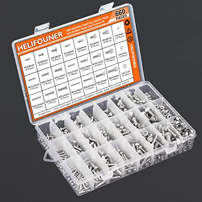 HELIFOUNER 660 Pieces M3 M4 M5 M6 Hex Socket Head Screws and Button Head Socket Cap Screws Nuts Assortment Kit, 304 Stainless Steel - size: M3 M4 M5 M6