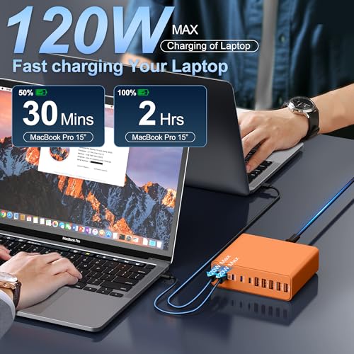 800W USB C Charger Block,10-Port Charging Station - color: Orange