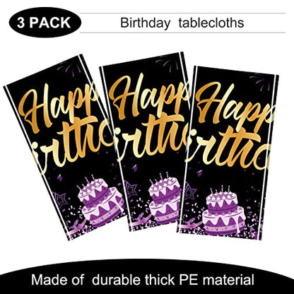 Breling 3 Pack Happy Birthday Tablecloths Decoration, Black Purple - color: Black Purple