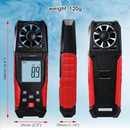 Digital Anemometer Handheld Wind Speed Meter – Measures Wind Speed in m/s, km/h, ft/min, mph, Knots & Air Temperature – Max/Min, Data Hold, Backlit Display – for HVAC, Sailing, Weather, Drone Flying