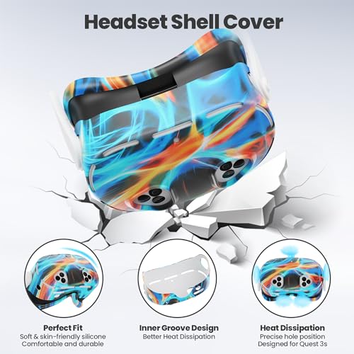 Compatible with Meta Quest 3s Accessories, Silicone Face Cover, VR Shell Cover,Touch Controller Grip Cover, Joysticks Cover, Camera Lens Protector Set (Colorful C)