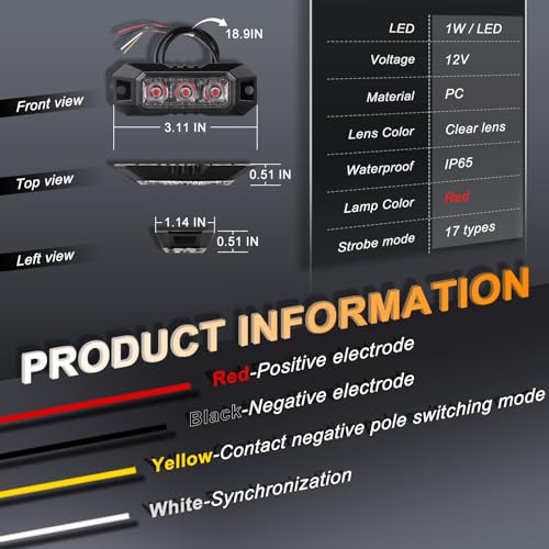 4PCS 3-LED Red Flashing Strobe Lights for Trucks Cars Vehicles - color: Red, size: 3LED-4PCS