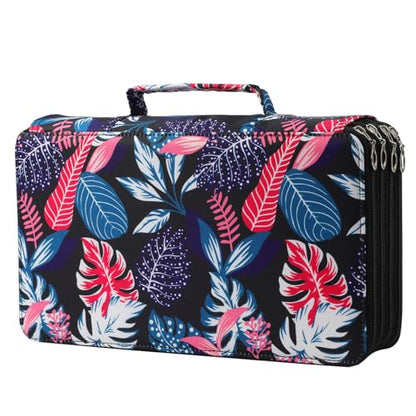 300 Slots Canvas Pencil Case 4-Layer Zipped Holder w/Handle - color: Black Leaves, size: 300