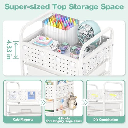 5 Drawer Rolling Storage Cart with Pegboard Top and Hooks, White - color: White, size: 5-Drawers