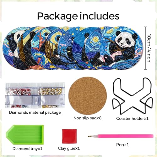 Leatrice 8 Pcs Diamond Art Coasters Small Diamond Painting Kits for Adults - color: AA Panda