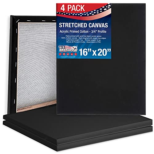 U.S. Art Supply 16"x20" Black Stretched Canvas for Painting, 3/4", 4-Pack - size: 16" x 20"