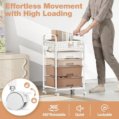 4 Drawer Rolling Storage Cart with Pegboard Top and Hooks, Brown - color: Brown, size: 4-Drawers