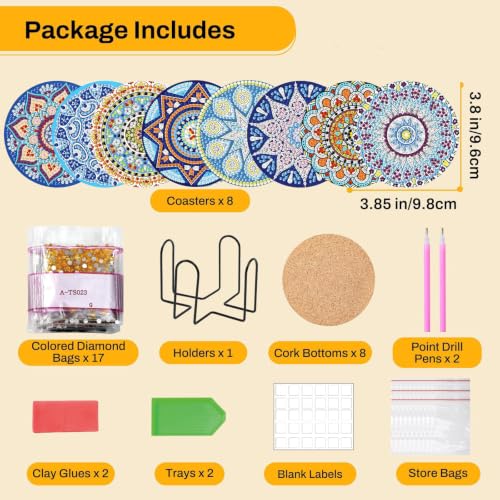 8Pc Diamond Art Coasters Holder Cork Pads, Diamond Painting Coasters 4x4 In - color: Boho Mandala Diamond Art Coasters