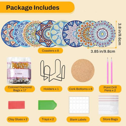 8Pc Diamond Art Coasters Holder Cork Pads, Diamond Painting Coasters 4x4 In - color: Boho Mandala Diamond Art Coasters