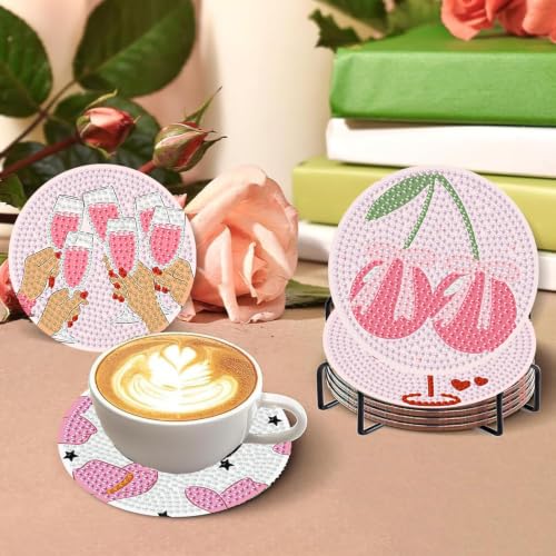 XUCNWL 8 PCS Pink Diamond Art Coasters with Holder,4X4 Inch - color: Pink