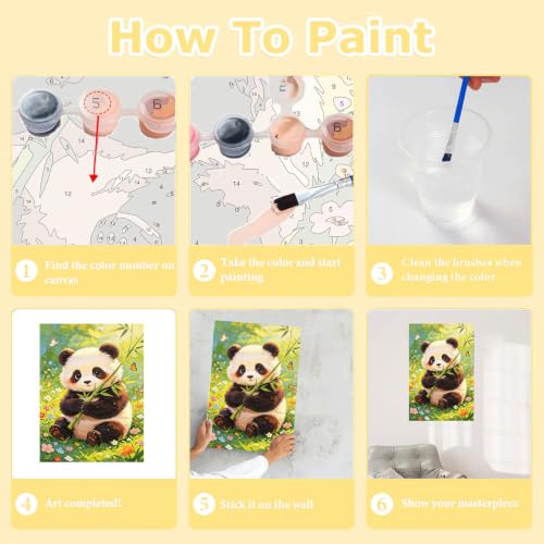 HITO Panda Paint by Numbers Kit for Kids with Frame Easel 8x12 inch - color: Panda with Bamboo