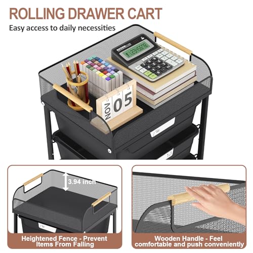 SYKIARIOL 4-Drawer Rolling Storage Cart with Mesh Top,Black - color: Black