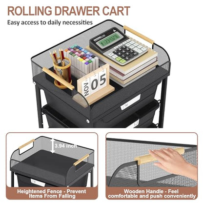 SYKIARIOL 4-Drawer Rolling Storage Cart with Mesh Top,Black - color: Black