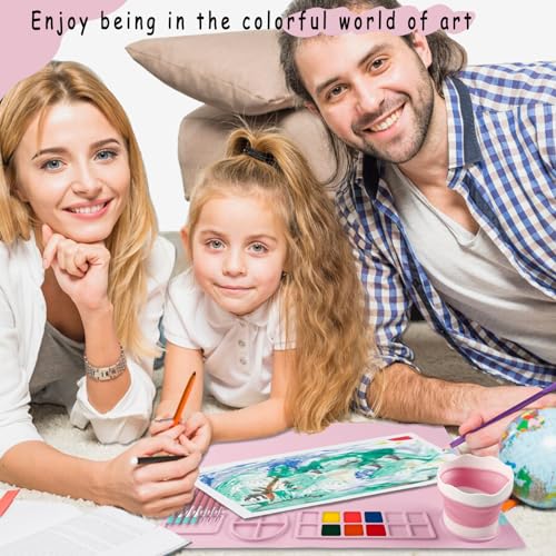 DIYDEC Silicone Craft Mat with Detachable Cup 20X16 Inch Large Silicone Painting Mat for Kids Art Supplies with 10 Painting Brushes Drawing Sheets for Adult DIY Accessories (Pink) - color: Pink
