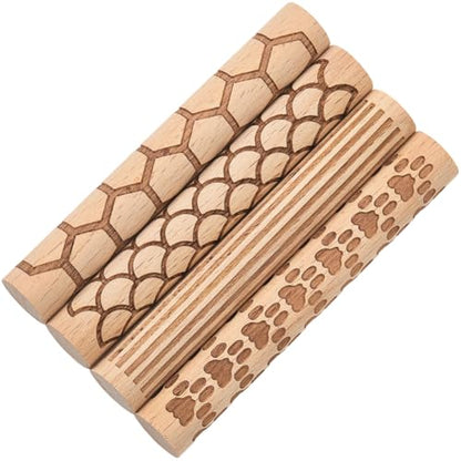 CREATCABIN 4 Pcs Wooden Clay Texture Rollers Pottery Stamp Roller Tools Sector Straight Line Paw Hexagon Pattern Textured Rolling Pins for Modeling Ceramics Painting Handmade Craft Art DIY 3.94 Inch