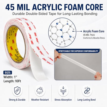 Double Sided Tape Heavy Duty 1''×10Ft 4950 White, 1.1mm Thick Wall Tape - size: 1''×10Ft