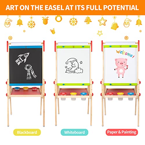 Hape E1010 Magnetic All in 1 Kids Height Adjustable Drawing Dry-Erase Chalkboard Wooden Artist Easel with 3 Paint Pots and Refillable Paper Roll