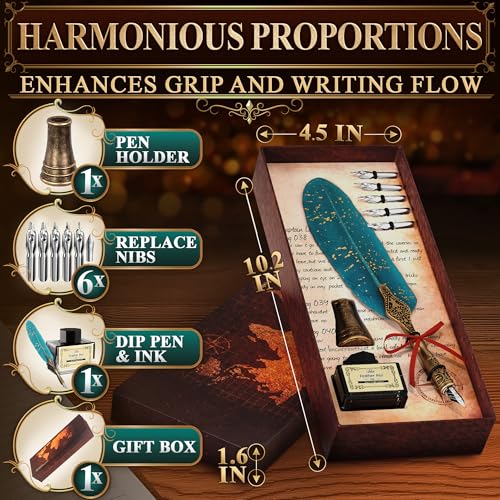 Lagarto Feather Pen and Ink Set, 11.4", 6 Steel Nibs, Inkwell (Turquoise) - color: Turquoise