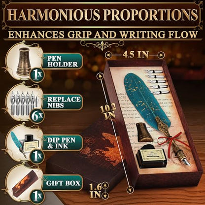 Lagarto Feather Pen and Ink Set, 11.4", 6 Steel Nibs, Inkwell (Turquoise) - color: Turquoise