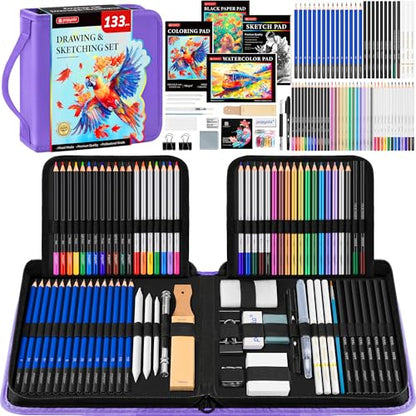 133 Pack Drawing Set Sketching Kit, Pro Art Supplies Sketch Pencils Set - color: Purple, size: 133 Pack