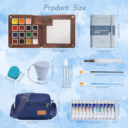 Mini Watercolor Travel Set, 12 Color Portable Walnut Wood Art Kit