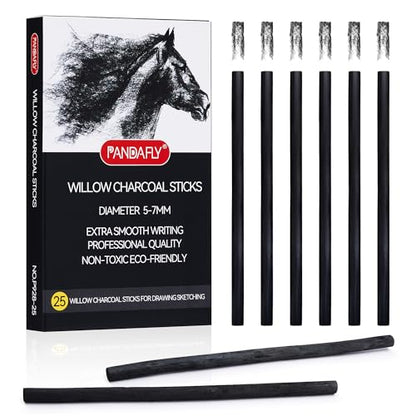 PANDAFLY 25 Pack Willow Charcoal Sticks, 5-7mm, Black Artist Vine Charcoal - size: 5-7mm