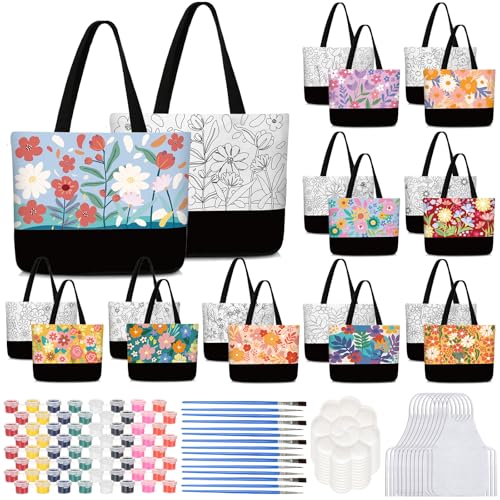 Locmeo 10 Set Paint and Sip Canvas Bags Pre Drawn Kit,Flower - style: Flower
