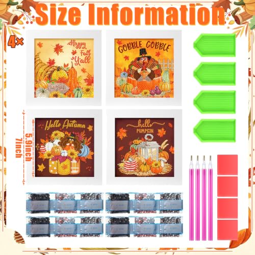 Geyoga 4 Pcs Fall Diamond Painting Kits with Frame 7 x 7 Inch - style: Thanksgiving