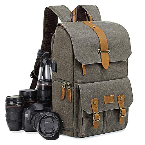 UBAYMAX Canvas Camera Backpack for Canon Nikon Sony DSLR SLR Waterproof - color: Dark Olive