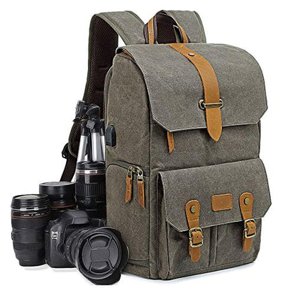 UBAYMAX Canvas Camera Backpack for Canon Nikon Sony DSLR SLR Waterproof - color: Dark Olive