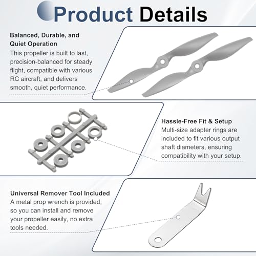 MECCANIXITY 8x6 Inch RC Propellers, 2-Vane Blades Prop Replacements Gray High Speed Propeller with Adapter Rings & Prop Wrench for RC Airplane Drones, Pack of 2 - size: 8" x 6"