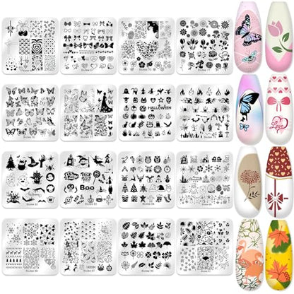Biutee 16Pcs Nail Art Stamping Plates Silicone Stamper Scraper Storage Bag - color: 20PCS