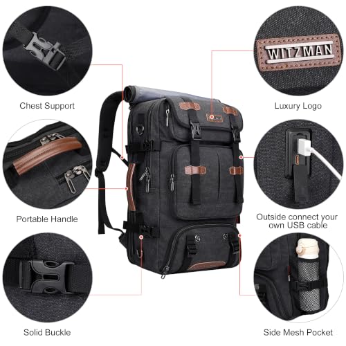 WITZMAN Travel Backpack for Men 45L Large Carry-on Airline Approved - color: Black