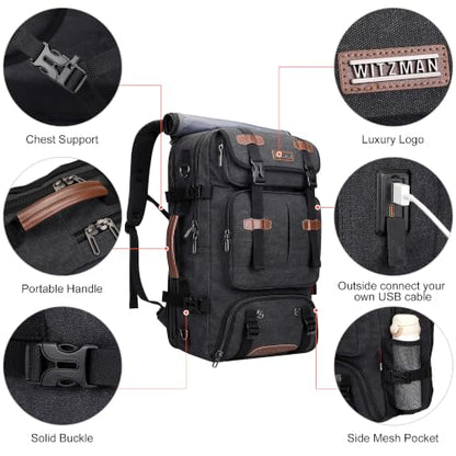 WITZMAN Travel Backpack for Men 45L Large Carry-on Airline Approved - color: Black