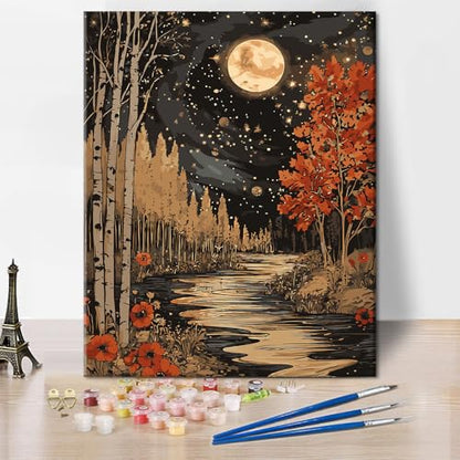 TUMOVO Paint by Numbers Kit for Adults Full Moon Landscape DIY Canvas Kits - color: Forest