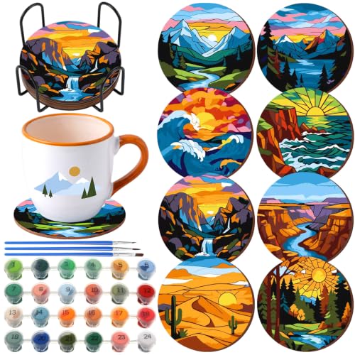 Reallnaive 8 Pcs Mountain Paint by Numbers Kit for Adults Wooden Coasters - style: Mountains