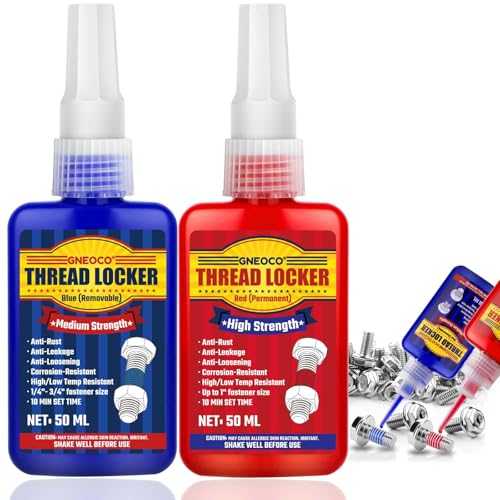 Thread Lock Blue and Red, Threadlocker Medium and Strong Strength, Thread Locker for Nuts, Bolts, Fasteners and Metals, Anaerobic Curing Screw Glue to Prevent Loosening (Blue and Red)