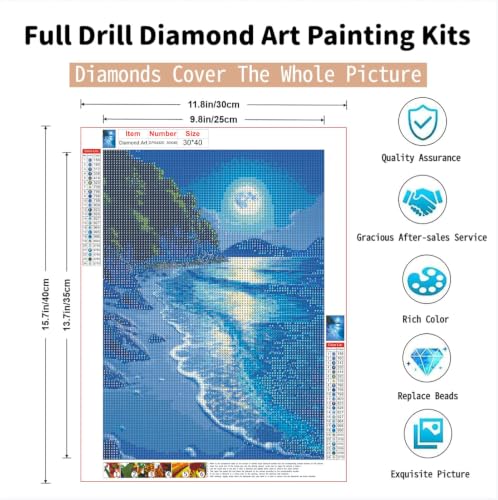 ZeeLionArt Diamond Art Kit, Beach Moonlight Landscape Scenery, 12 x 16 Inch - color: DP04320