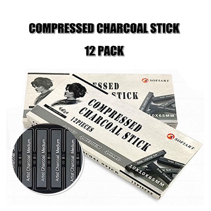 Compressed Charcoal Sticks, 12 Pieces (Soft, Medium, Hard) Square Vine Charcoal Sticks for Drawing, Sketching, Shading, Charcoal Drawing Set for Beginners & Pro Artists