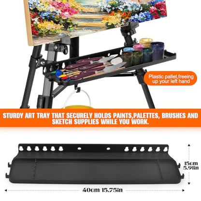 Adjustable Artist Easel - 19.69" to 61.8", Portable Folding Tabletop or Floor Easel with Brush Tray, Carry Bag, 4 Clips, 5 Palette Knives for Painting, Display, and Art Exhibitions (Black)