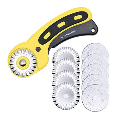 AUTOTOOLHOME 45mm Rotary Cutter for Fabric w/10 Pack Pinking Rotary Blades