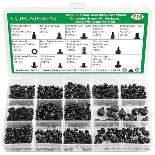 516Pcs Computer Screws Kit, M3 6-32 Motherboard Standoffs for SSD - color: 516 Pcs Black PC Screw